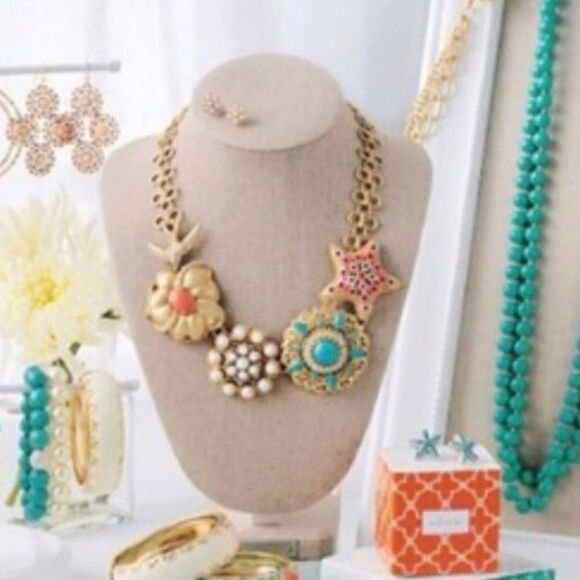 Stella & Dot Bird of Paradise Statement Necklace Gold Turquoise Coral Retired - Picture 3 of 10